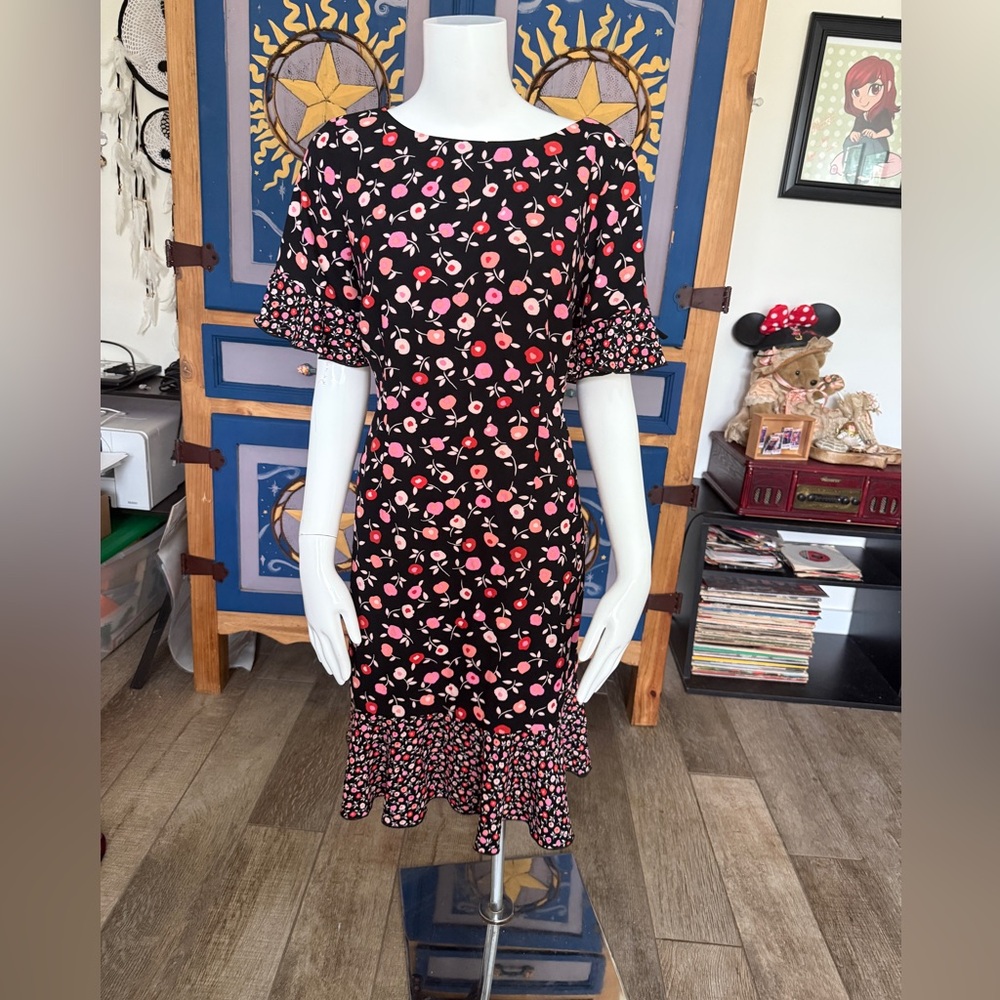 Talbots Black and Pink Floral Midi Dress